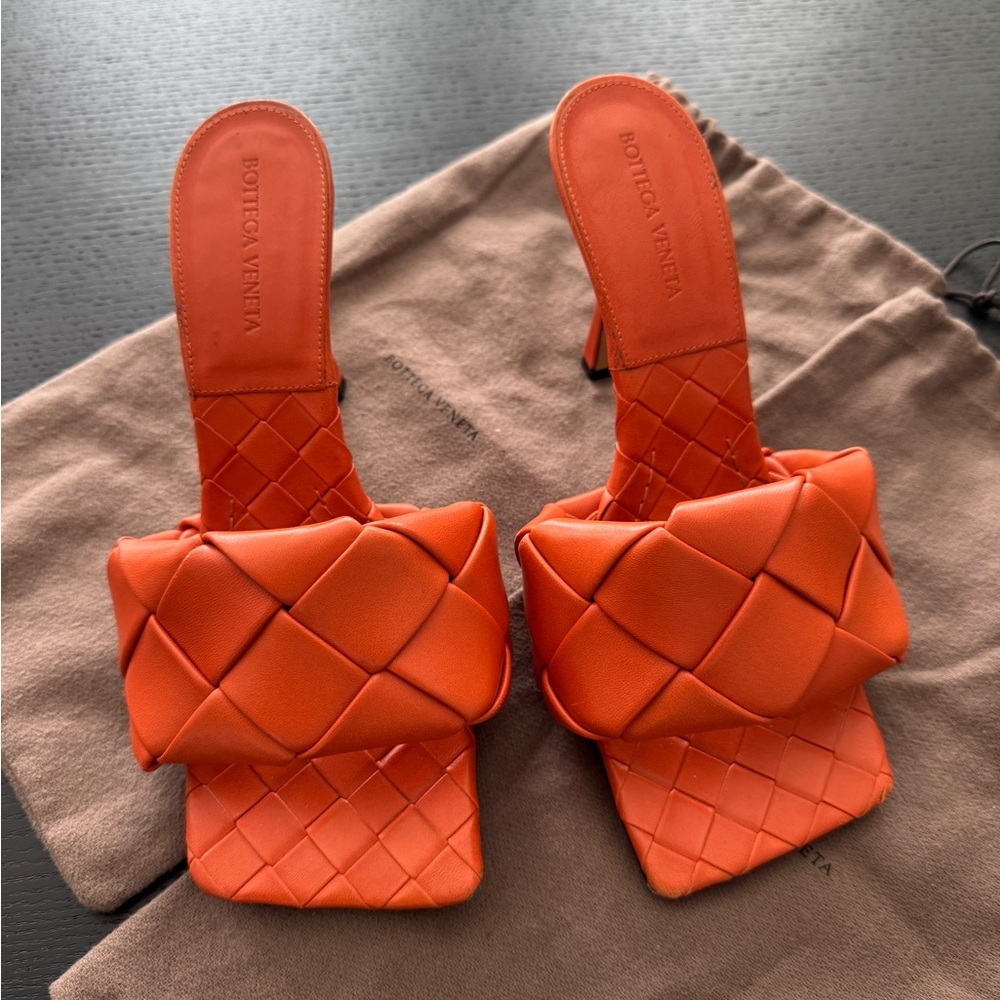 Bottega Veneta Orange Padded Intrecciato Slide Mules